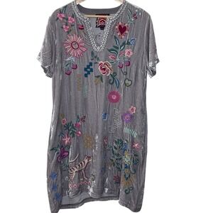 Johnny Was Grey Velvet Embroidered Peacock Tiger Sun Tunic Dress Small Boho